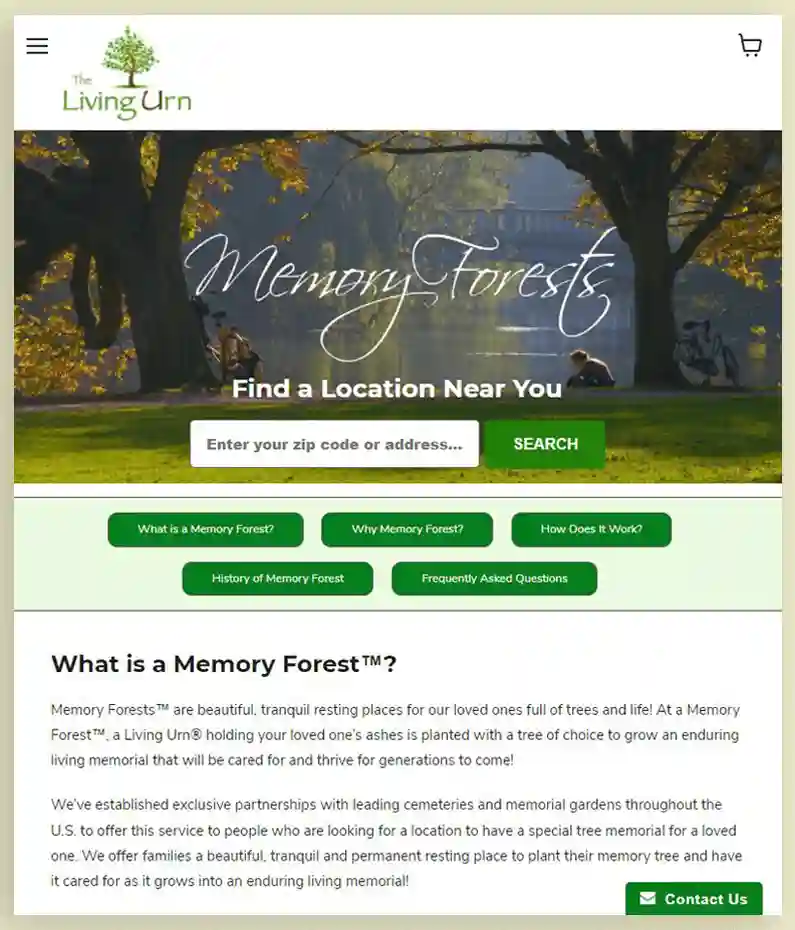 memorial trees, The Living Urn website's homepage