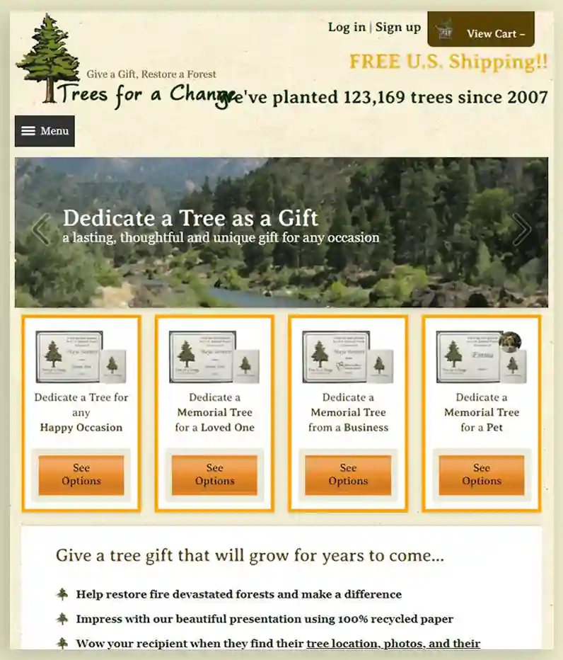 memorial trees, Trees for Change website's homepage