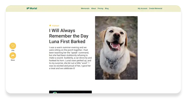 memorial page for a dog