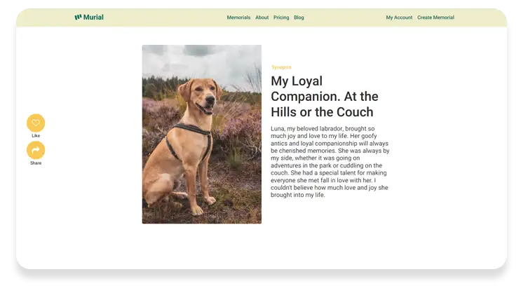 dog's online memorial website